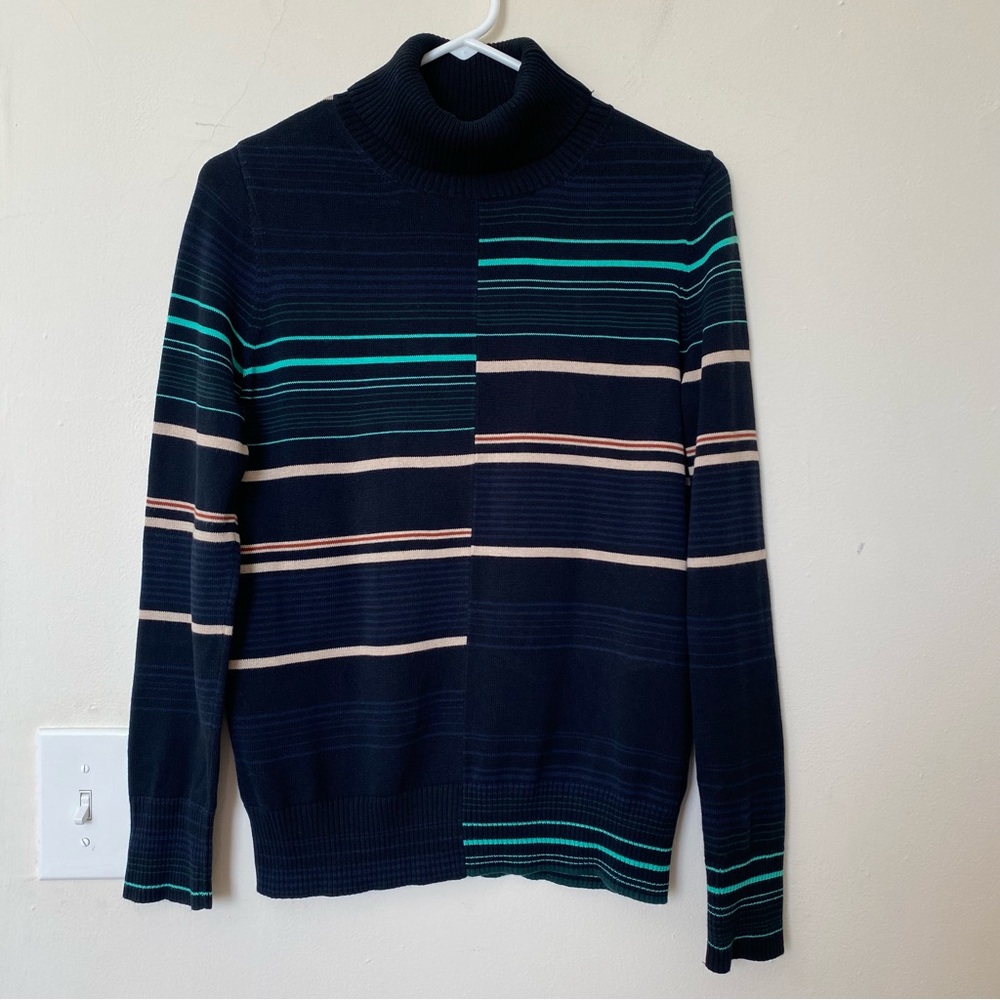 APIECE APART Striped Cotton Turtleneck Sweater in Black/Navy Blue Sz Medium